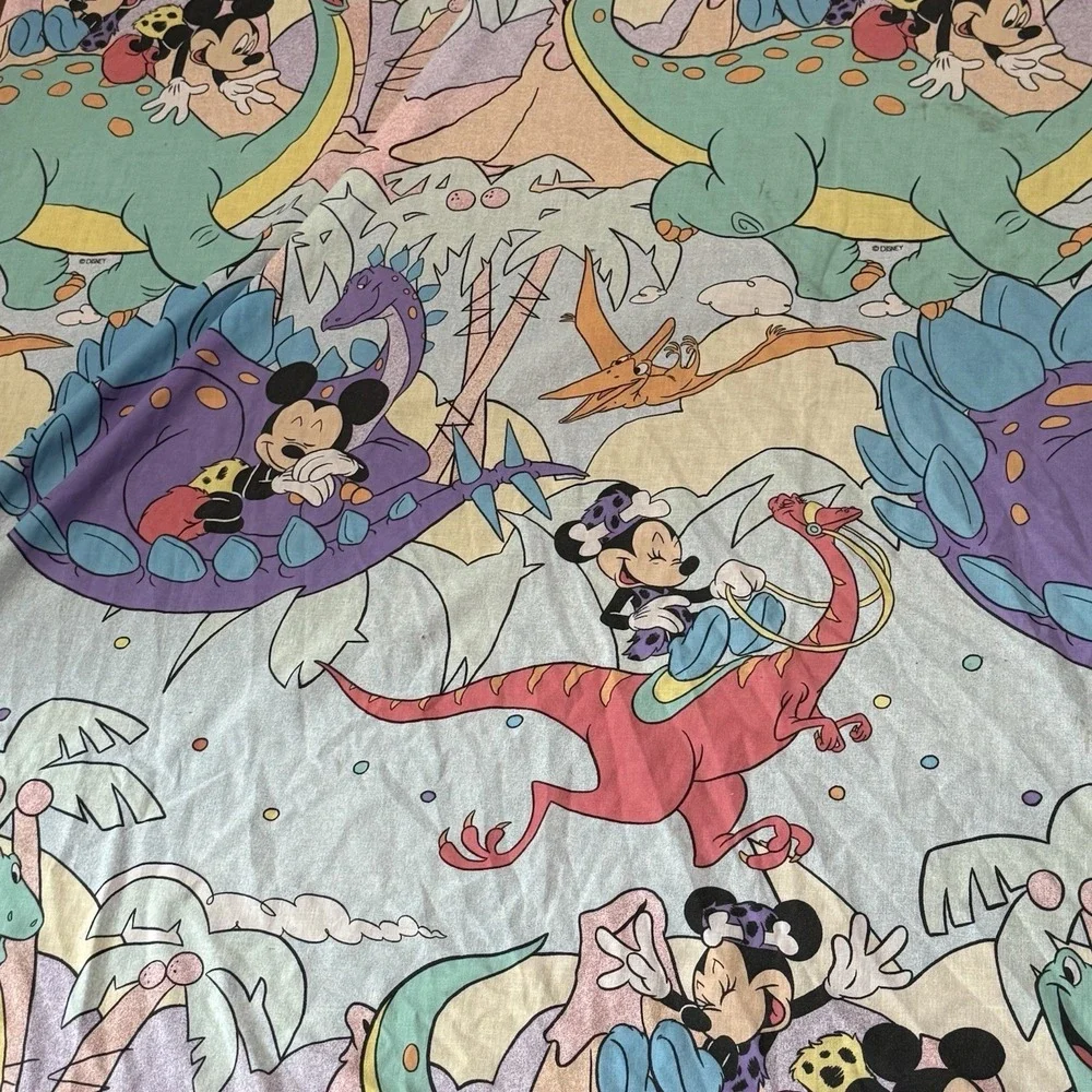 Vintage Disney Mickey Minnie Mouse Dinosaur Flat Sheet Twin 90s Prehistoric Bed